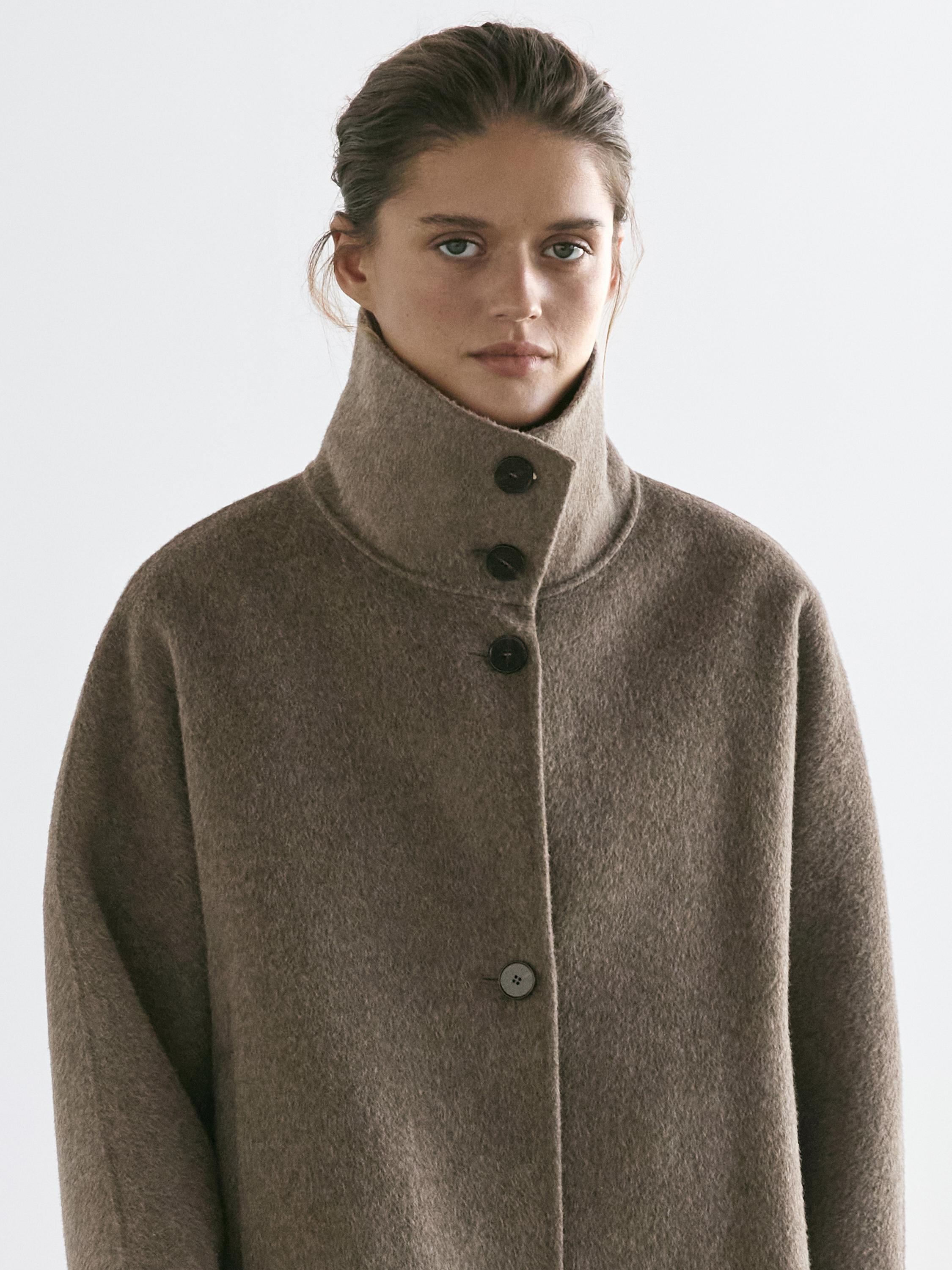 Mid-length wool blend coat with high neck